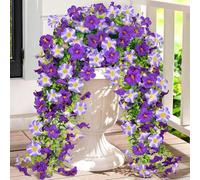 4PCS Artificial Hanging Flowers Outdoor UV-Resistant Fake Hanging Plants Flower Bouquet Artificial Morning Glory with Eucalyptus Hanging Drooping Plants for Wall Home Garden Yard Decor (Purple)
