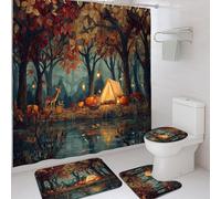 4Pcs Autumn Forest Shower Curtain Set, Deep Blue with Orange Fall Decor with Pumpkins, Stylish Nature Camping Theme Bathroom Accessories, Waterproof Fabric with Hooks 72x72 Inch