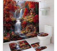 4Pcs Autumn Forest Shower Curtain Set, Red Orange Waterfall Bath Mat Rugs Accessories for Bathroom Decor, Fall Rustic Waterproof Fabric Shower Curtain Set with Hooks 72x72 Inch