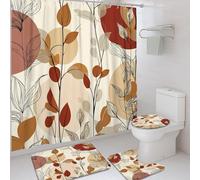 4Pcs Autumn Leaves Shower Curtain Set, Rust Red Beige Floral Bath Mat Rugs Accessories for Bathroom Decor, Modern Nature Inspired Waterproof Fabric Shower Curtain Set with Hooks 72x72 Inch