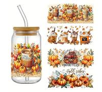 4pcs Autumn Pumpkin & Floral UV DTF Cup Wraps Winter UV DTF Transfer Waterproof Sticker for Glass Cups Furniture Craft DIY Crafts，Rub on Transfer Stickers for DIY Water Bottle Laptop Decal Wood Car