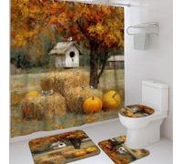 4Pcs Autumn Shower Curtain Set, Orange Yellow Pumpkin Bath Mat Rugs Accessories for Bathroom Decor, Fall Rustic Waterproof Fabric Shower Curtain Set with Hooks 72x72 Inch