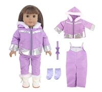 4Pcs Baby Doll Clothes for 14-18 Inch Doll, Autumn winter 35-45cm Dolls Down Sportswear Suit with 1 Hooded Down Jacket 1 Overalls 1 Sock 1 Bow Headdress Purple silver Outfit for Winter