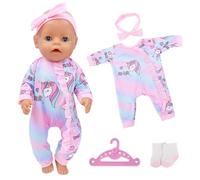 4Pcs Baby Doll Clothes for 14-18inch Doll 30-45cm Baby Doll Accessories, Powder Blue One-Horned Horse Bodysuit Bow Headdress Sock Coat Hanger for Dream Cute Doll ClothesGirls Birthday