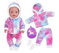 4Pcs Baby Doll Clothes for 14-18inch Doll 30-45cm Baby Doll, Tie-dye Purple Plush Hooded Top Trousers Backpack Socks for Kids Friends Girls Birthday Gofts Sweet Cartoon Doll Clothes