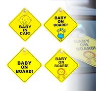 4PCS Baby on Board Car Warning, Sign with Suction Cups, Reusable Waterproof PVC Safety Warning Signs for Vehicle Windows, Bright Yellow Baby on Board Stickers for Car Rear Window Visibility