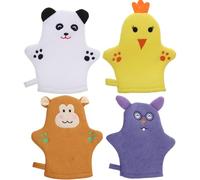 4Pcs Baby Wash Cloths Cute Animal Glove Body Scrubber Includes Cartoon Bear, Chick, Monkey, Mouse Kids Exfoliating Glove for Baby Toddler Kids Bath and Shower