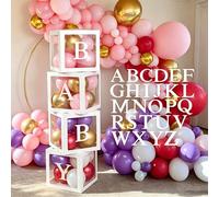 4PCS Balloon Boxes with 30 Letters (BABY+A-Z), Custom Baby Box for Baby Shower Decoration Neutral, Gender Reveal Box with White Balloons Boxes & Letter for Birthday Party, Christening, Prom