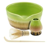4PCS Bamboo Matcha Whisk Set Traditional Handheld Matcha Making Kit Premium Tea Set with Whisk, Base Holder, Puller, Bowl Ceremony Accessory Kit for Tea Lovers(Kiln-Changed Green)