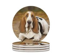 4PCS Basset Hound Coasters Non-Slip Round Drink Coasters with Ceramic Stone and Cork Base, Heat Resistant Absorbent 33.00Stone Coaster Set for Kinds of Mugs and Cups, 4 Inch