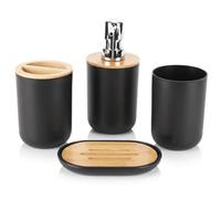 4Pcs Bathroom Accessories Set, Soap Dispenser Toothbrush Holder Soap Dish Toothbrush Cup with Bamboos Lid, Bathroom Accessory Set (Black)