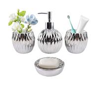 4PCS Bathroom Accessories Sets, Ceramic Bathroom Organizer, Soap/Lotion Dispenser, Toothbrush Cup, Bathroom Counter Soap Set for Home Hotel Bathroom Countertop (Silver)