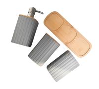 4Pcs Bathroom Storage Set ABS And Wood Tray Includes Liquid Hand Soap Dispenser Toothbrush Cup Mouth Cup Space Saving Bathroom Storage