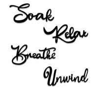 4pcs Bathroom Wall Art, Bathroom Quotes Wall Stickers, Breathe Relax Soak Unwind Wooden Sign with Glue, Black Wall Decor