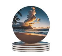 4PCS Beach Sunset Sea Clouds Coasters Non-Slip Round Drink Coasters with Ceramic Stone and Cork Base, Heat Resistant Absorbent 33.00Stone Coaster Set for Kinds of Mugs and Cups, 4 Inch