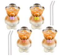 4Pcs Bear Cup with Straw, 320ml/11oz Cute Shaped Clear Glass Cup for Juice Milk Tea Infused Water Beverage
