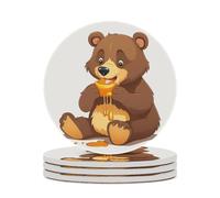 4PCS Bear Eating Coasters Non-Slip Round Drink Coasters with Ceramic Stone and Cork Base, Heat Resistant Absorbent 33.00Stone Coaster Set for Kinds of Mugs and Cups, 4 Inch