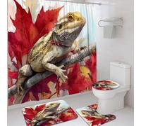 4Pcs Bearded Dragon Shower Curtain Set, Red Yellow Leaf Bath Mat Rugs Accessories for Bathroom Decor, Autumn Modern Waterproof Fabric Shower Curtain Set with Hooks 72x72 Inch