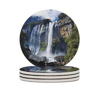 4PCS Beautiful Waterfall Coasters Non-Slip Round Drink Coasters with Ceramic Stone and Cork Base, Heat Resistant Absorbent 33.00Stone Coaster Set for Kinds of Mugs and Cups, 4 Inch