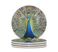 4PCS Beauty Peacock Coasters Non-Slip Round Drink Coasters with Ceramic Stone and Cork Base, Heat Resistant Absorbent 33.00Stone Coaster Set for Kinds of Mugs and Cups, 4 Inch