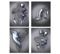 4PCS Bedroom Wall Art Decor, Love Heart 3D Metal Sculpture Effect, Modern Abstract Hug Lovers Painting Picture Poster Prints(20 * 30cm)