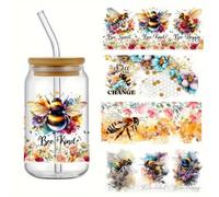 4pcs Bee Flower Heart Rose UV DTF Cup Wraps Transfer Waterproof Sticker for Glass Cups Furniture Craft DIY Crafts,Rub on Transfer Stickers for DIY Water Bottle Laptop Decal Wood Car