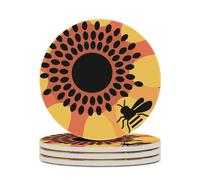 4PCS Bees and Sunflowers Coasters Non-Slip Round Drink Coasters with Ceramic Stone and Cork Base, Heat Resistant Absorbent 33.00Stone Coaster Set for Kinds of Mugs and Cups, 4 Inch