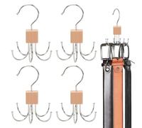 4Pcs Belt Hanger for Wardrobe, Tie Rack for Hanging and Storage, Features 6 Hooks and 360° Rotation, for Clothing, Belts, Ties, Bags, Scarves, Handbags, Hats, and Socks (Wood Color)