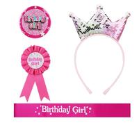 4PCS Birthday Crown Set for Girls, Birthday Girl Badge, King Crown Tiara Ribbon Medal, Personalised Birthday Girls Sash, Birthday Party Dress Up Set for Her, Kids, Adults, Children 6th 12th 18th 21st