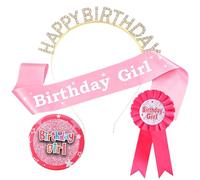 4PCS Birthday Girl Sash, Pink Gold Birthday Sash for Women with Rhinestone Tiara Badge (Pink Gold)