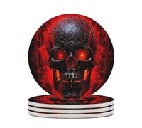 4PCS Black and Red Skull Coasters Non-Slip Round Drink Coasters with Ceramic Stone and Cork Base, Heat Resistant Absorbent 33.00Stone Coaster Set for Kinds of Mugs and Cups, 4 Inch