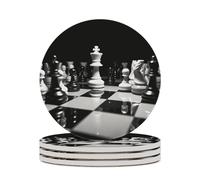 4PCS Black and White Chess Coasters Non-Slip Round Drink Coasters with Ceramic Stone and Cork Base, Heat Resistant Absorbent 33.00Stone Coaster Set for Kinds of Mugs and Cups, 4 Inch