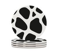 4PCS Black and White Cow Print Coasters Non-Slip Round Drink Coasters with Ceramic Stone and Cork Base, Heat Resistant Absorbent 33.00Stone Coaster Set for Kinds of Mugs and Cups, 4 Inch