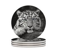 4PCS Black and White Tiger Coasters Non-Slip Round Drink Coasters with Ceramic Stone and Cork Base, Heat Resistant Absorbent 33.00Stone Coaster Set for Kinds of Mugs and Cups, 4 Inch