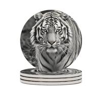 4PCS Black and White Tiger Coasters Non-Slip Round Drink Coasters with Ceramic Stone and Cork Base, Heat Resistant Absorbent 33.00Stone Coaster Set for Kinds of Mugs and Cups, 4 Inch