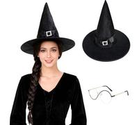 4Pcs Black Braids Wigs for Women with Witch Pointy Hat Glasses Wig Cap, Layered Natural Synthetic Wig Costume Braids Hair Anime Cosplay Full Head Wigs for Halloween Christmas Party Carnival