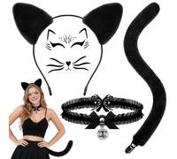 4PCS Black Cat Costume Set, Cat Ears Headband Tail Collar Face Sticker