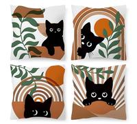 4Pcs Black Cat Cushion Covers, 45x45cm Cushion Covers, Abstract Cats Pillow Cases, Square Couch Cushions Cover, Decorative Throw Pillow Cases for Sofa, Bedroom & Living Room