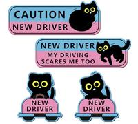 4Pcs Black Cat New Driver Car Magnet Sticker Safety Sign, Cute Shivering Cat Student Driver Sign for Car Bumper, Funny Cartoon Nervous Caution Reusable Supplies