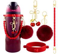 4Pcs Black Cherry Water Bottle Accessories for Owala Stanley Cup Accessories Set Water Bottle Handle Strap Decoration Cute Tumbler Cup Accessories Set for Women Water Bottle Holder with Strap Gold