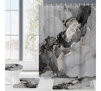 4pcs Black Grey Marble Design Shower Curtain Set, Modern Marble Print Curtain, Toilet Lid Cover, Rug and Non-Slip U Shape Bath Mat Accessories Bathroom Decor Set