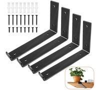 4Pcs Black Heavy Duty Shelf Brackets, Right Angle Wall Mounted Shelves Supports with Matching Screw & Lip, L Shape DIY Floating Carbon Steel Rack for Scaffold Board Shelving, Kitchen, Bathroom, Garage