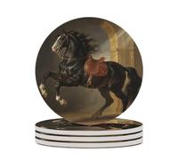 4PCS Black Horse Coasters Non-Slip Round Drink Coasters with Ceramic Stone and Cork Base, Heat Resistant Absorbent 33.00Stone Coaster Set for Kinds of Mugs and Cups, 4 Inch