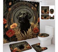 4Pcs Black Lab Shower Curtain Set, Autumn Floral Dog Bath Mat Rugs Accessories for Bathroom Decor, Elegant Waterproof Fabric Shower Curtain Set with Hooks 72x72 Inch
