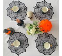4PCS Black Lace Round Placemats, Halloween Polyester Table Mats, Waterproof Dinner Plate Pads, Gothic Table Decor for Home Dining (Black)