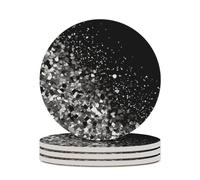 4PCS Black White Glitter Coasters Non-Slip Round Drink Coasters with Ceramic Stone and Cork Base, Heat Resistant Absorbent 33.00Stone Coaster Set for Kinds of Mugs and Cups, 4 Inch