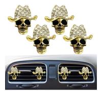 4Pcs Bling Cowboy Skull Car Air Vent Clips, Crystal Rhinestone Auto Air Conditioning Outlet Clip, Air Freshener Diffuser Charm, Cute Car Interior Decoration Accessory for Women (Gold)