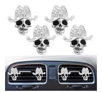 4Pcs Bling Cowboy Skull Car Air Vent Clips, Crystal Rhinestone Auto Air Conditioning Outlet Clip, Air Freshener Diffuser Charm, Cute Car Interior Decoration Accessory for Women (Silvery)
