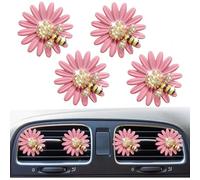 4Pcs Bling Crystal Cute Daisy Bee Car Air Vent Clips,Rhinestone Auto Air Conditioning Outlet, Air Freshener Diffuser Charm,Car Interior Decoration Accessory for Women (Pink)
