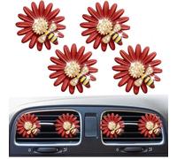 4Pcs Bling Crystal Cute Daisy Bee Car Air Vent Clips,Rhinestone Auto Air Conditioning Outlet, Air Freshener Diffuser Charm,Car Interior Decoration Accessory for Women (Red)